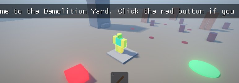 A player standing in the Demolition Yard, surrounded by crates and barrels